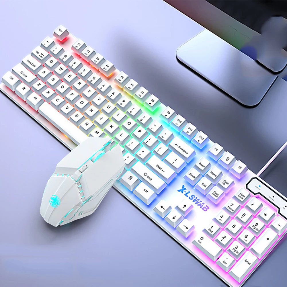 GX30S Проводная Радужная клавиатура с подсветкой мышь комбо набор RGB 104 клавиши 2 4G