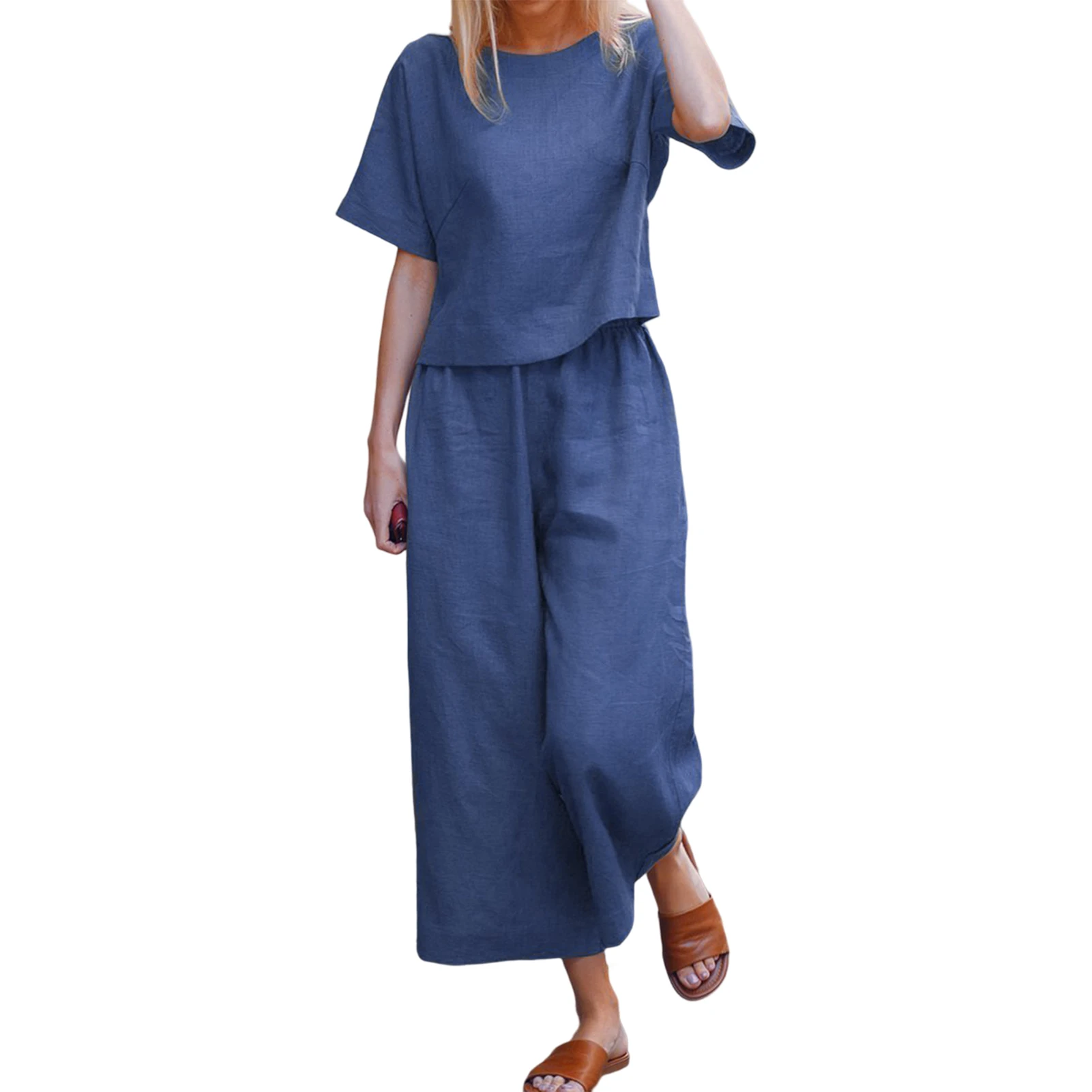 

Solid Color Casual 2 Piece Outfits Wide Leg Women Cami Top Long Pants Crew Neck Elastic Waist Short Sleeve Vacation Outfit