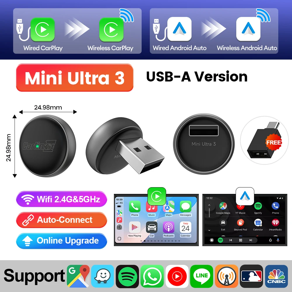 

Беспроводной адаптер Carlinkit 2 в 1, преобразует проводную к беспроводному Carplay, беспроводное управление Plug & Play Carplay с USB/TypeC