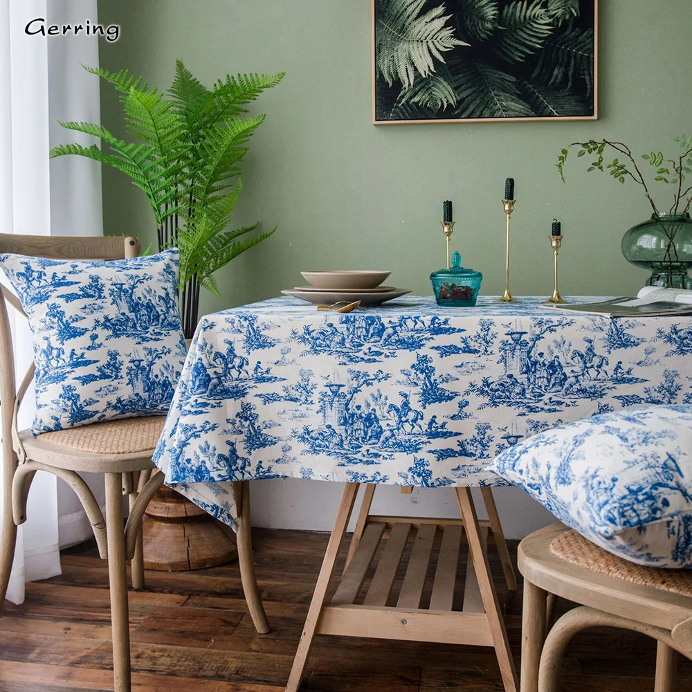 Gerring Retro Blue Korean Printed Ink Tablecloth Picnic Table Cloth For Party Events Cotton Linen Thick Coffee Table Cover