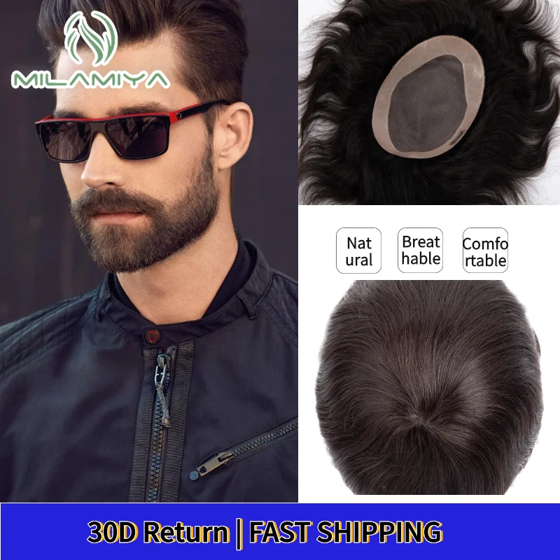 Men Toupee Fine Mono Men's Hair Wig Durable Capillary Prosthesis 6inch Handmade Mens Wigs Human Hair Tupee System 130% Density