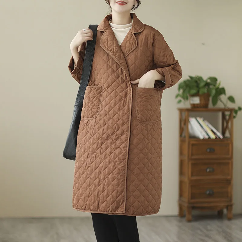 Retro Lapel Double Pockets Mid Length Coat Top Women 2022 Autumn Winter New Elegant Solid Color Windbreaker Warm Cotton Jacket