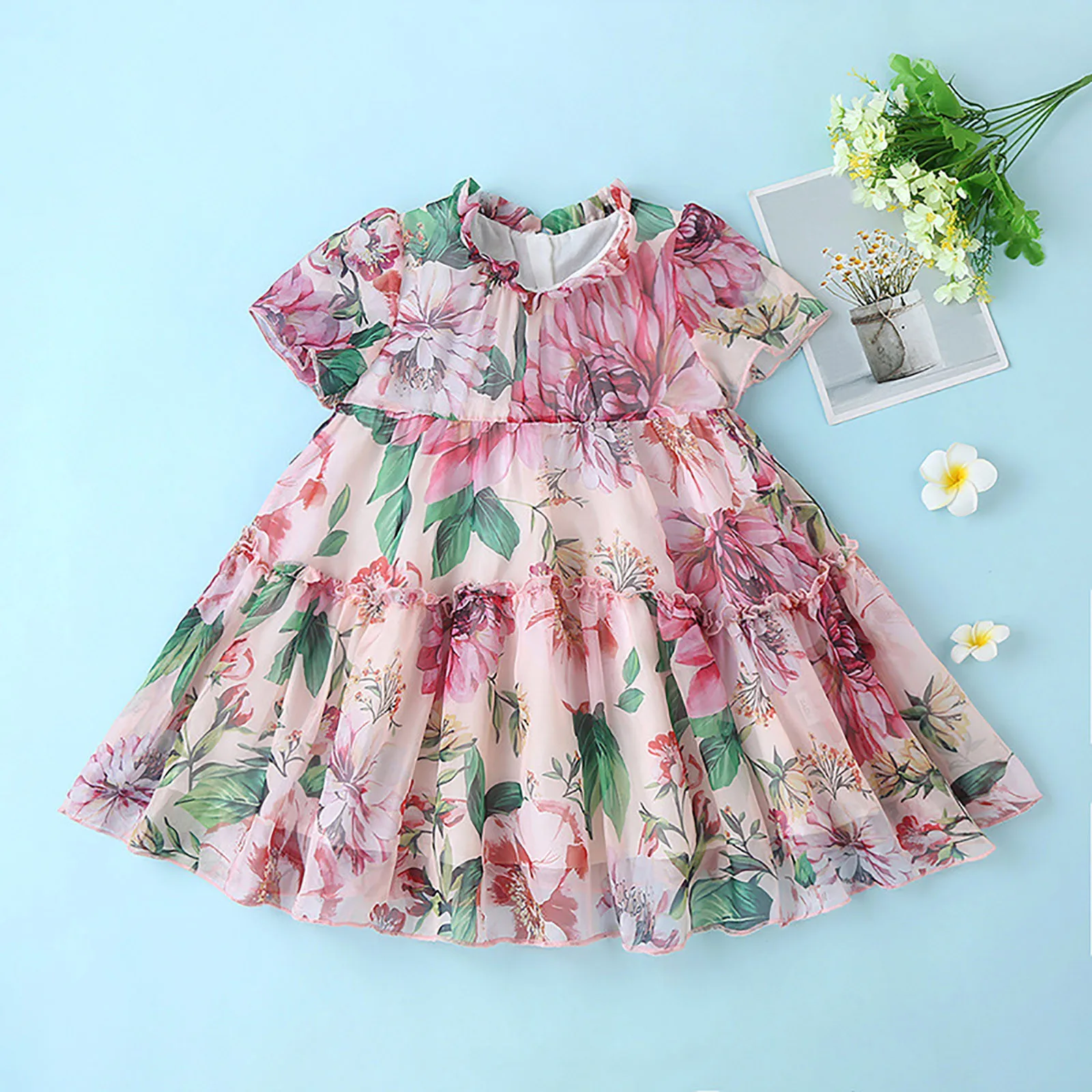 

New Princess Girl Floral Tulle Dress 2-7 Years Kids Baby Girl Flower Short Sleeve Party Pageant Costume Children Summer Sundress