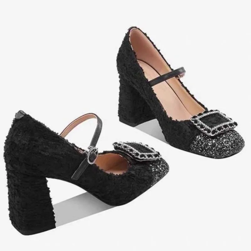 Женская грубая шерстяная обувь весны 2024 новые туфли на толстом каблуке с
