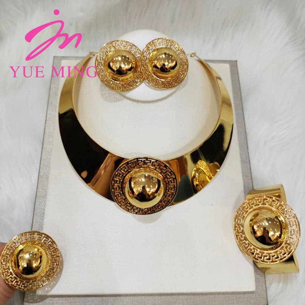 

Gold Color Jewelry Sets Luxury Dubai African Bridal Wedding Gifts Party For Women Copper Necklace Bracelet Earrings Ring Set