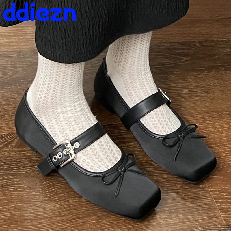 

Lolita Style Fashion Silk Woman Dance Shoes Female Footwear Shallow Butterfly-Knot Buckle Strap Ladies Ballet Flats Shoes