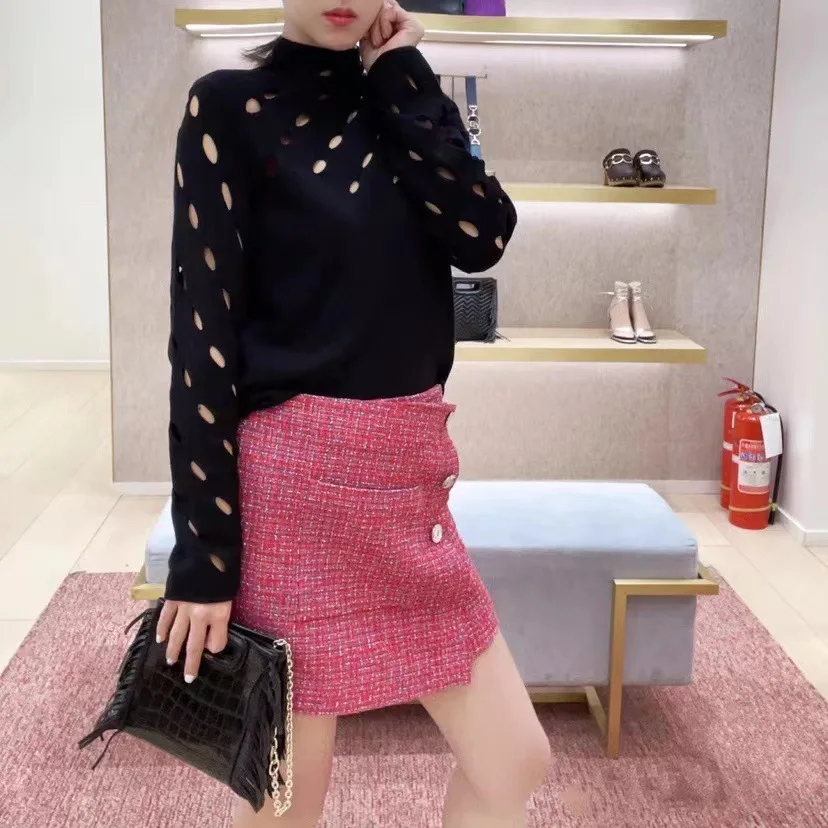 

Women Half High Collar Knitted Pullover Tops 2023 Summer New Female Hollow Out Long Sleeve Black Slim Sweater