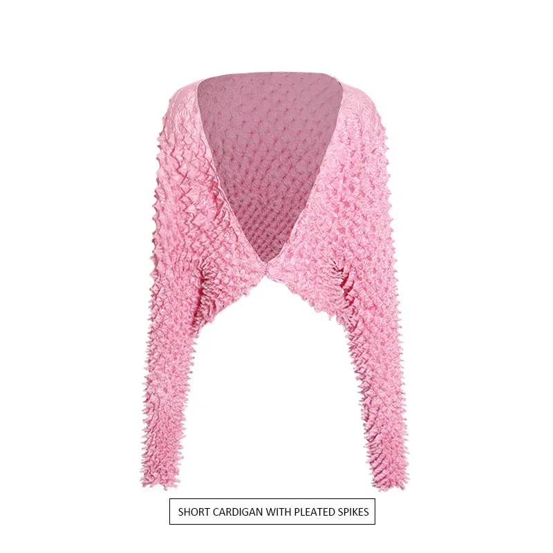 

High Quality Spring Women Casual Pleated New Buttoned Big V-neck Solid Color Personality Short Crop Jacket