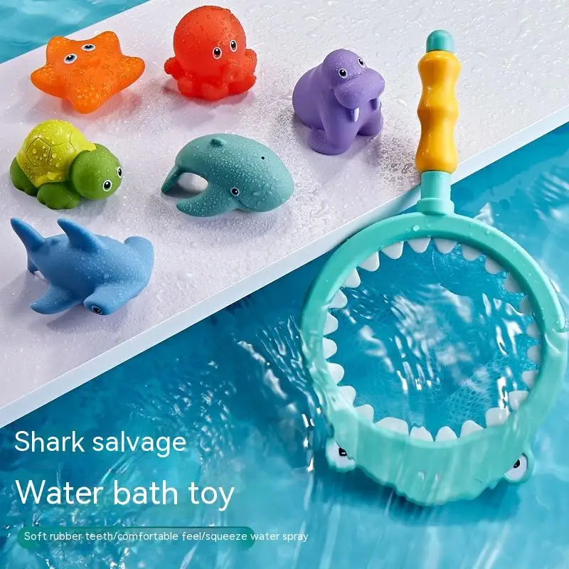 

Cross Border Baby Shower Toy Lion Sprinkler Net Fishing Fish Shark Children's Animal Pinch Joy Floating Kids Toys Water Playing