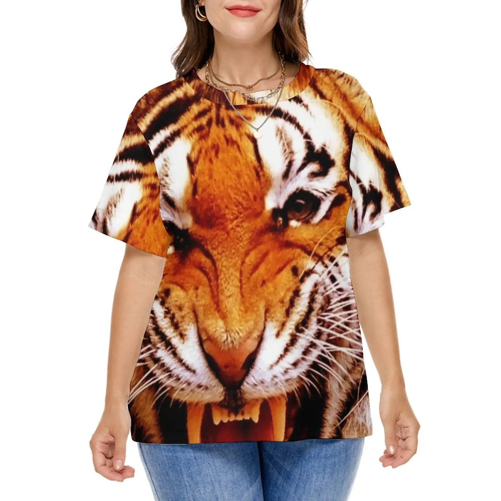 Tiger And Flame T Shirt Animal Print Modern T Shirts Short Sleeves Casual Tee Shirt Sexy Pattern Top Tees Plus Size