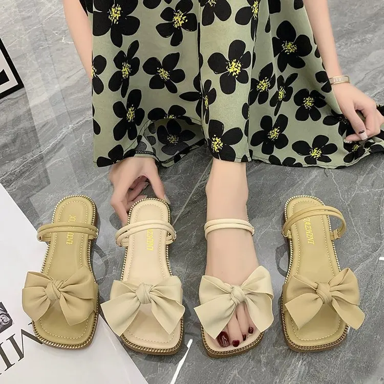 

Butterfly-Knot Beach Shoes Slippers Flat Square Toe Luxury Slides Slipers Women Low Sabot Designer Summer 2022 Rome Rubber PU Fa