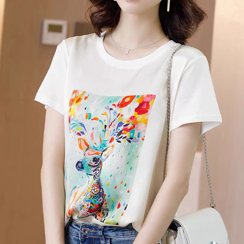 

Silk Cotton T-shirt Women Summer 2023 New Printed Loose Tees Short Sleeve Patchwork Top O-neck Clothing YCMYUNYAN