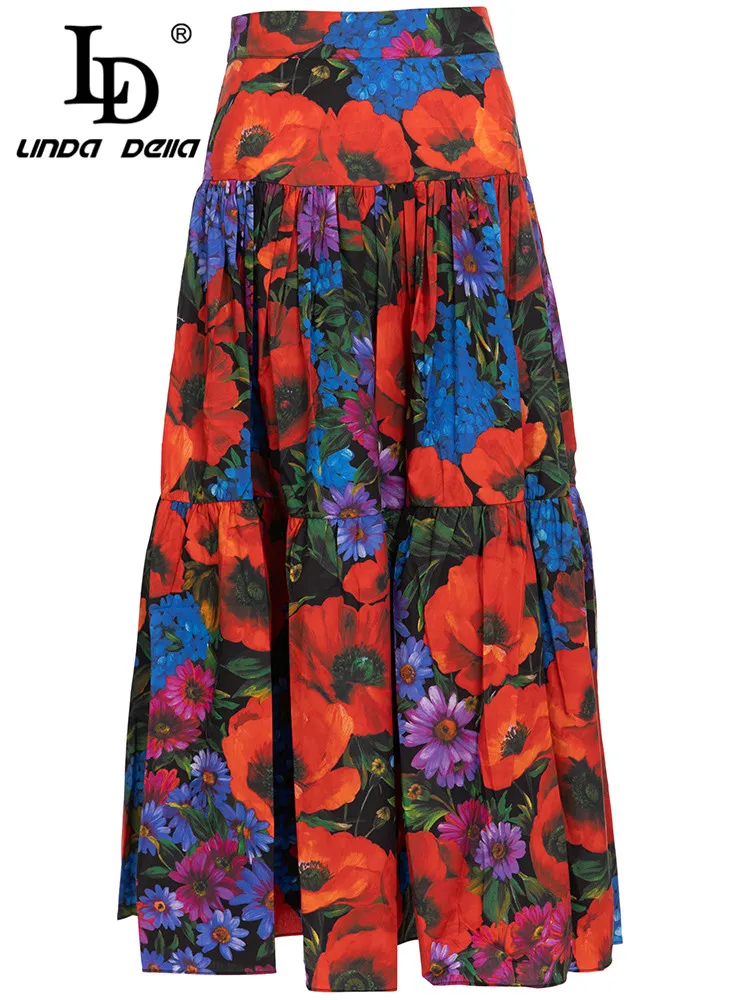 LD LINDA DELLA Designer Women Vintage Flower Print Holiday Party Skirt Autumn Winter Runway Fashion Midi Skirts