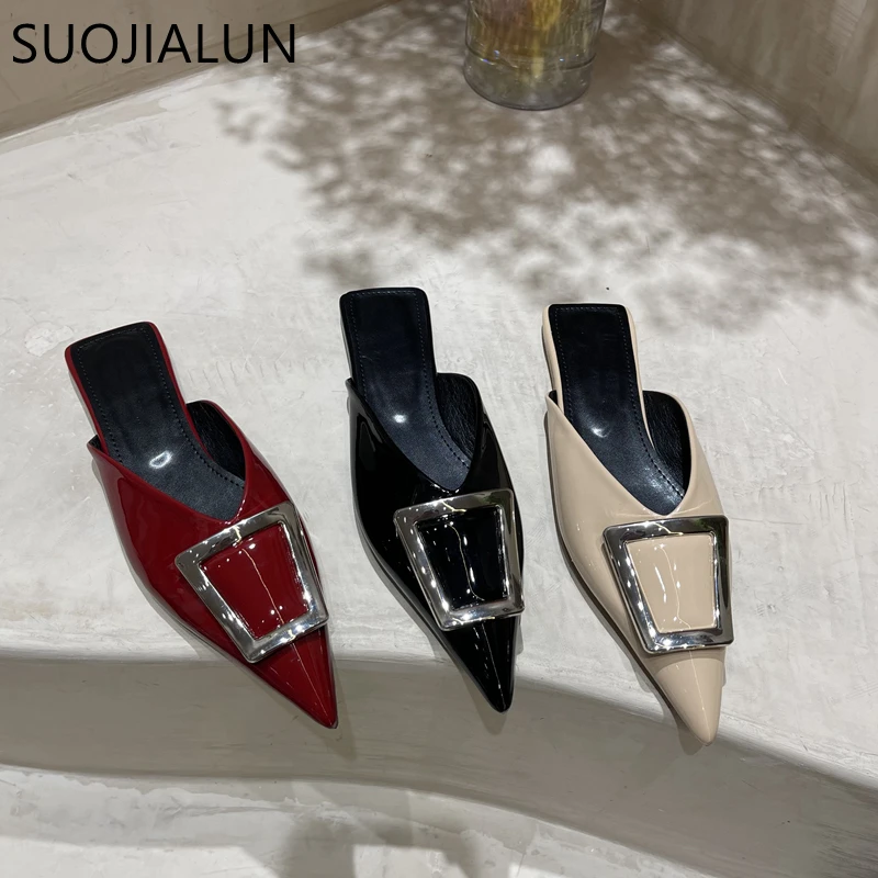 

SUOJIALUN 2023 Flat Heel Women Slipper Fashion Brand Square Buckle Mules Ladies Elegant Pointed Toe Shallow Slip On Sandal Shoes