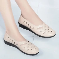 summer sandals women leather flat shoes breathable comfort female hole shoes non slip mid elderly woman loafers ladies moccasins