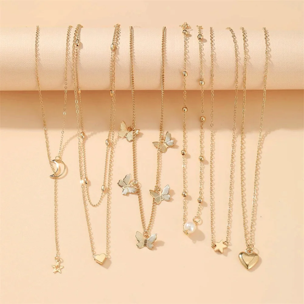

Popular alloy necklace set retro creative personality multi-layer Butterfly Pendant 6-layer Moon Heart Jewelry Pendant Necklace