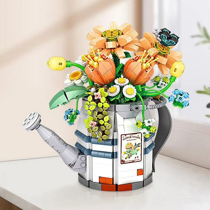 

Mini Creative Flower Watering Can Potted Building Block MOC Plant Bonsai Bouquet Home Decoration Brick For Children Toy Gift