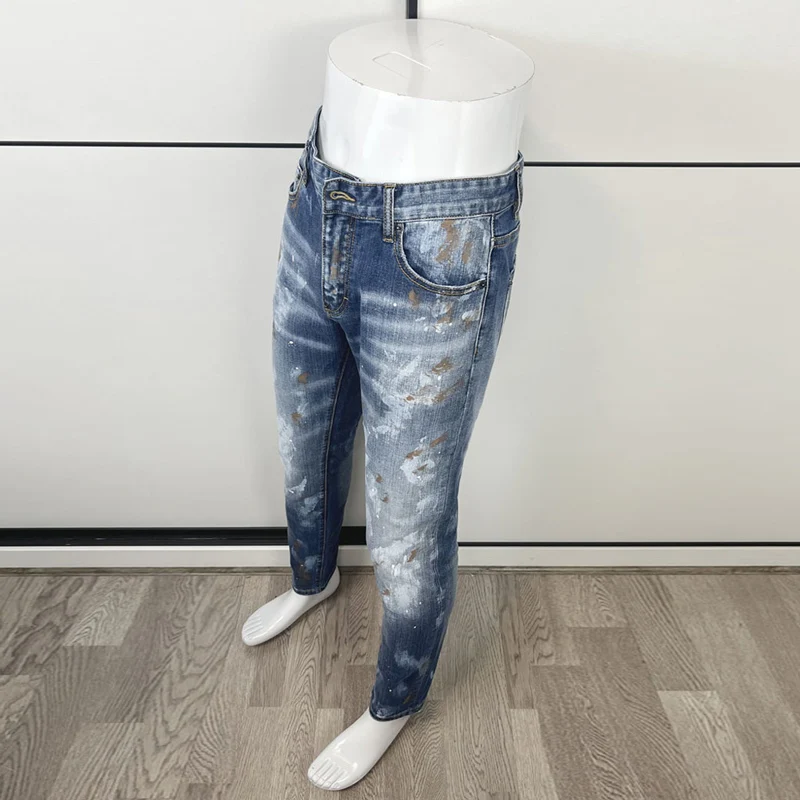 High Street Fashion Men Jeans Retro Blue Dirty Washed Elastic Slim Ripped Jeans Men Painted Designer Hip Hop Brand Pants Hombre