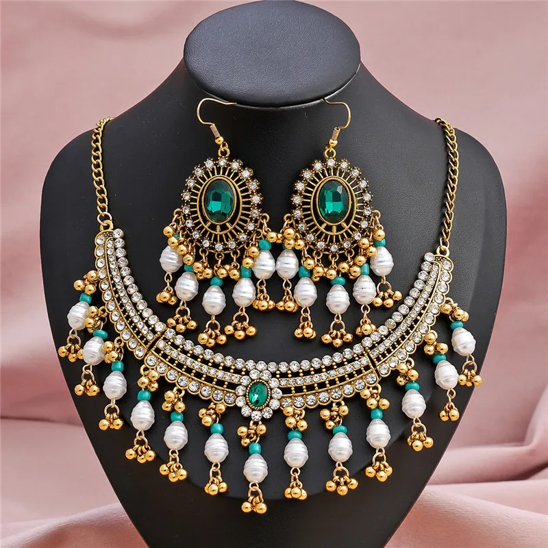 

ZOSHI Vintage Indian Jewelry Set for Women Antique Gold Plated Crystal Necklace Earrings Set Ethnic Bridal Wedding Sets