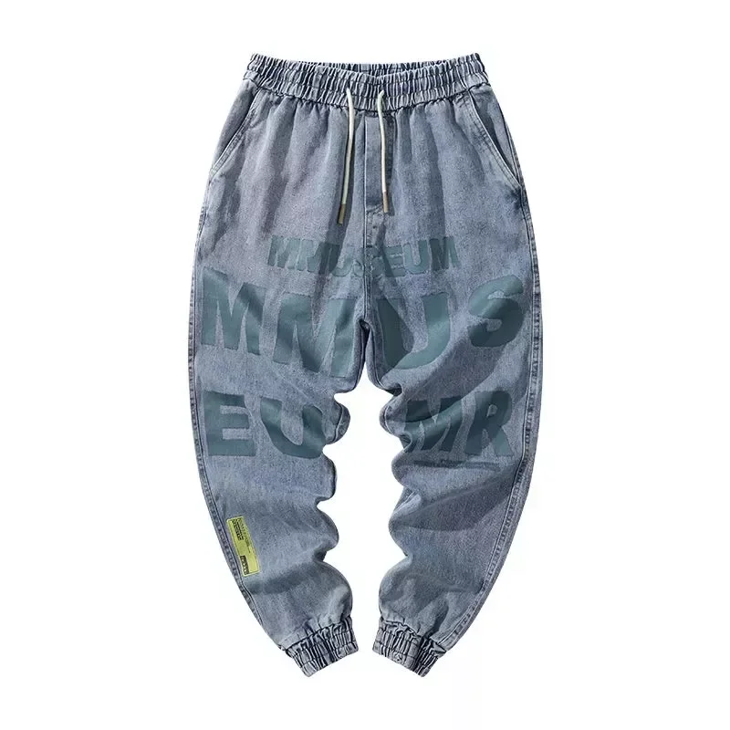 2022New Fashion High Street Jeans Casual Harem Pants Letter Print Light Blue Sweatpants Trousers Drawstring Homens Jeans Denim P
