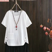 fashion women blouses 2022 summer linen womens chic clothing casual o neck short sleeve top with pocket navy white yellow shirt