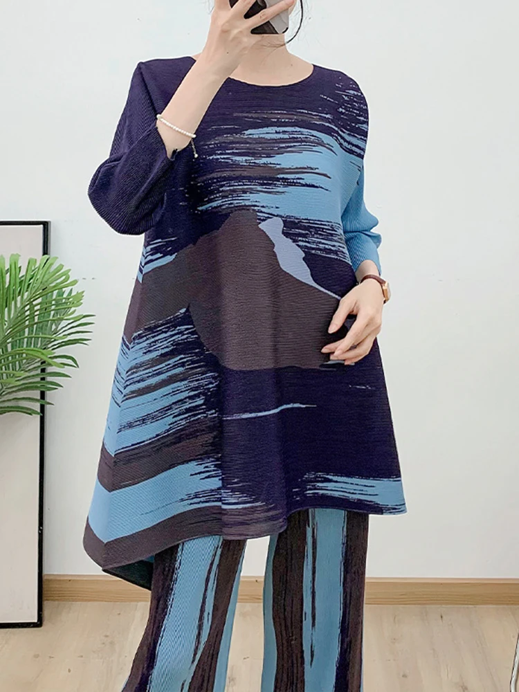 Женские плиссированные комплекты DEAT свободный топ с длинным рукавом и круглым