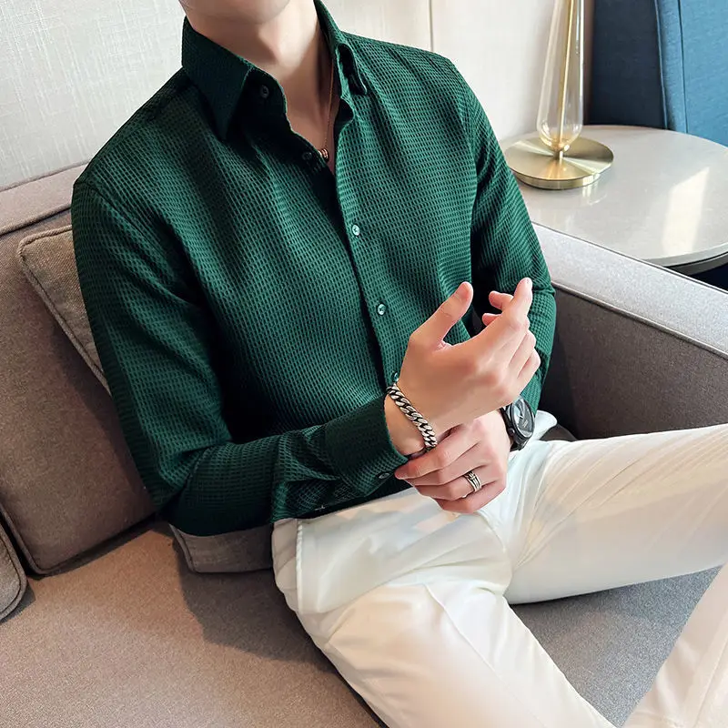 Autumn long-sleeved shirt men's Korean version of the waffle new trend business casual men's tailored senior shirt