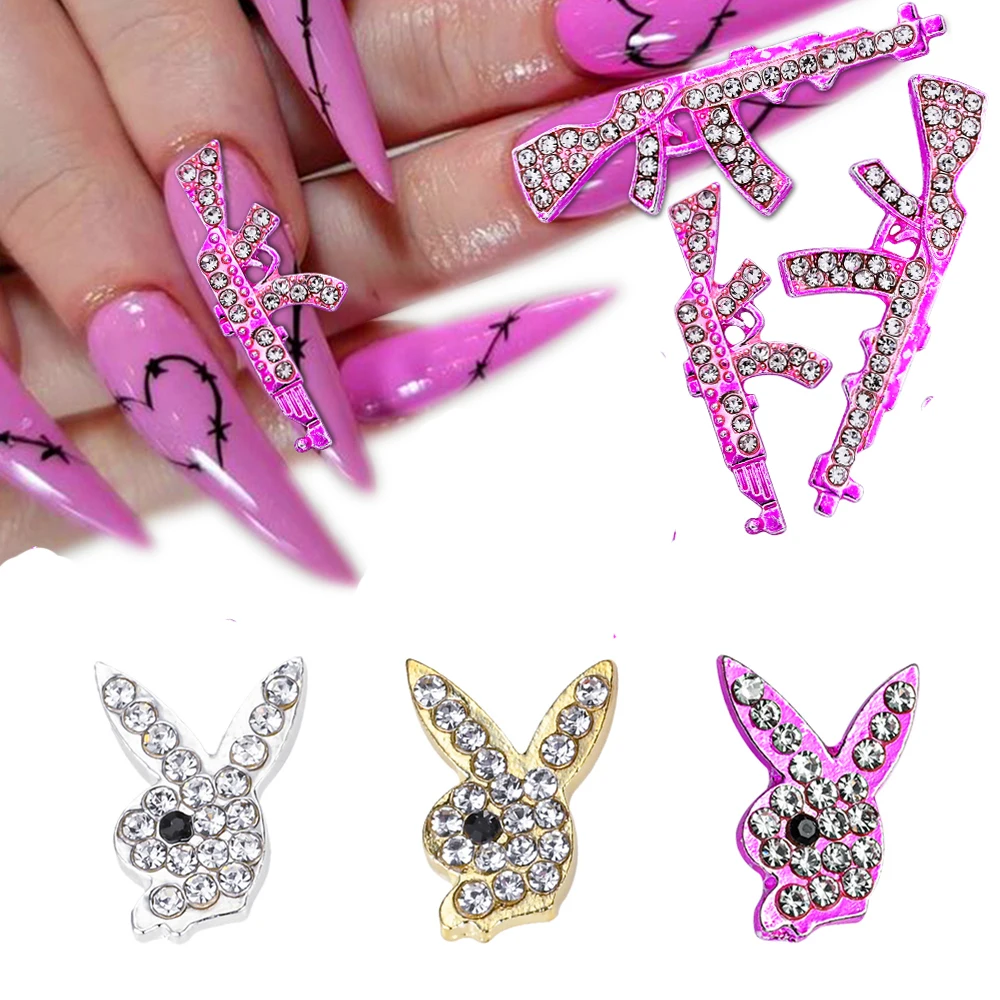 

5/10pcs Luxury Pink Gun Nail Charms Kawaii Bunny Glitter Rhinestones Crystal DIY Jewelry Manicure 3D Nail Art Decoration