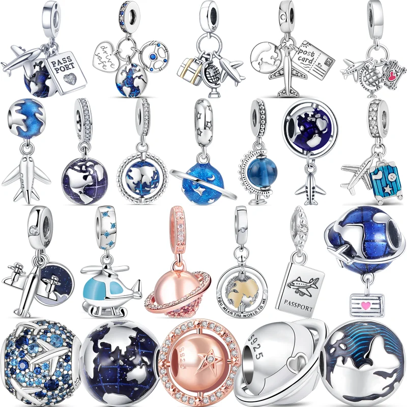 

925 Sterling Silver Blue Earth Globe Love Travel Aircraft Sparkling DIY Beads Fit Original Pandora Charms Bracelet Women Jewelry