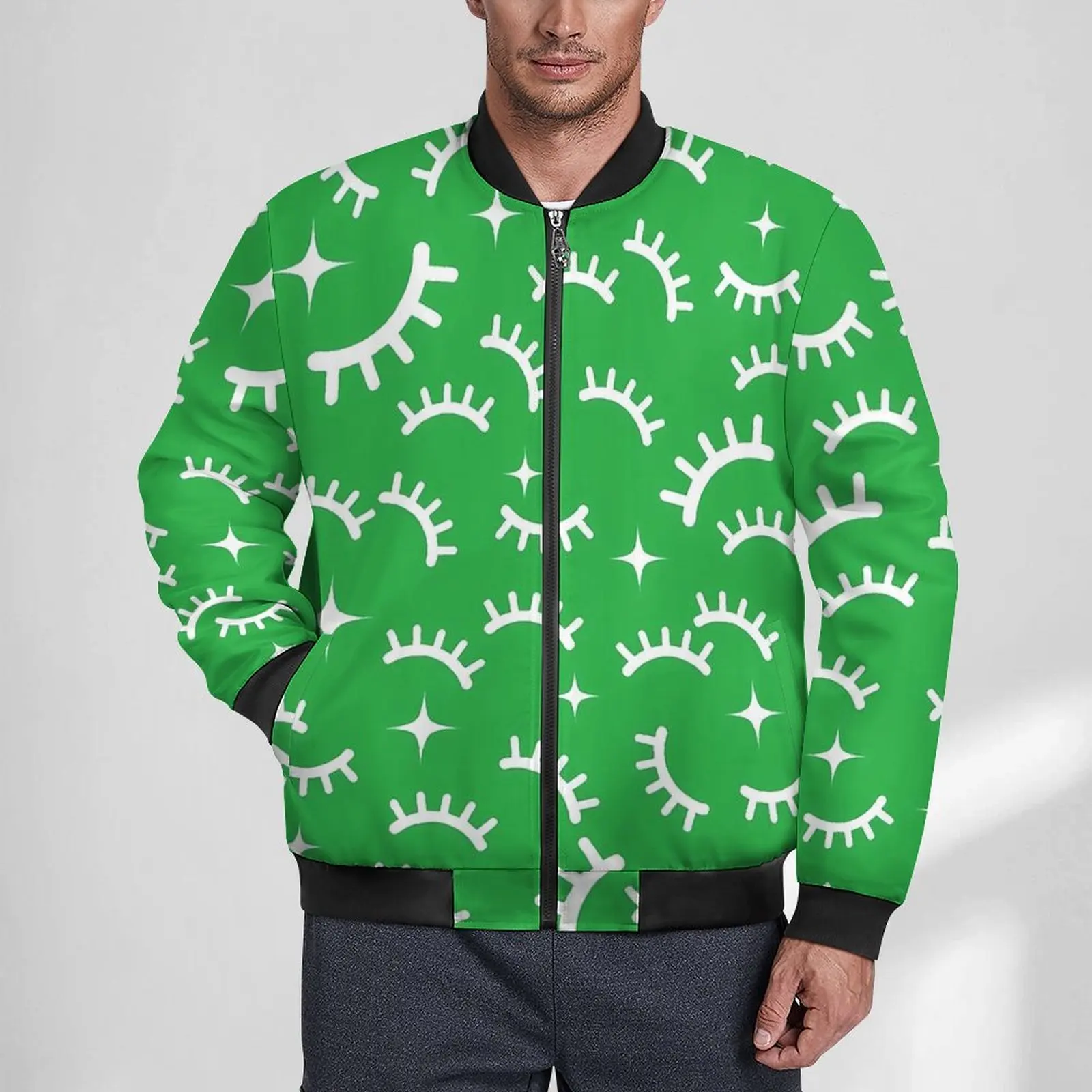 

Eyelashes Print Casual Jackets White And Green With Pockets Windbreak Male Graphic Coats Autumn Vintage Outdoor Jacket Big Size