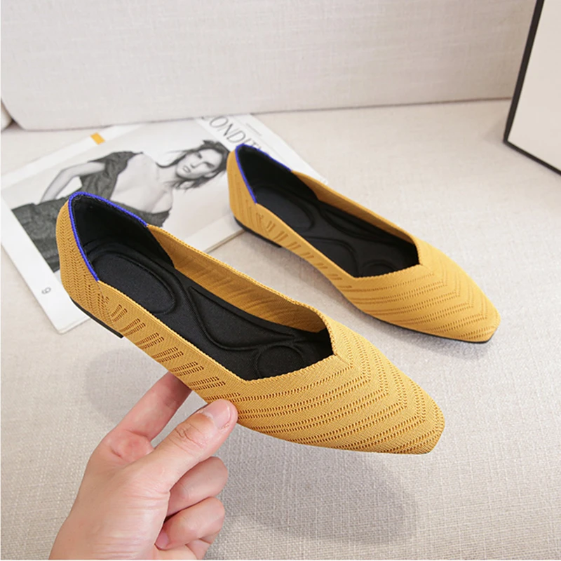 Women's Square Toe Mixed Color Flats Knitting Elastic Comfortable Ballet Shoes Women's Flat Breathable Spring Autumn Single Shoe