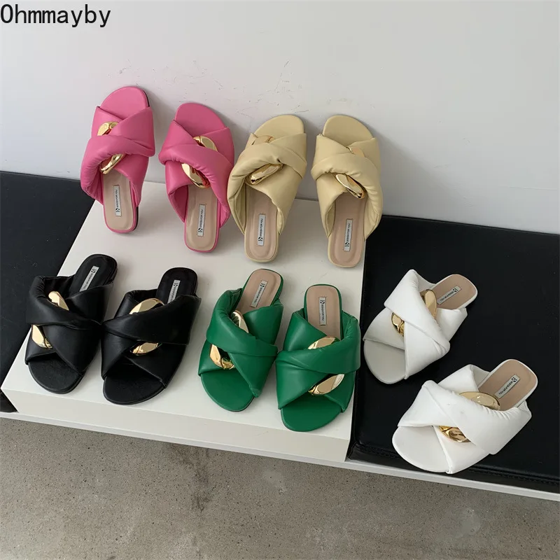 

2022 Summer Shoes Chain Women's Slippers Woman Flats Heel Women Slip On Sandals Open Toe Women's Slides zapatillas mujer