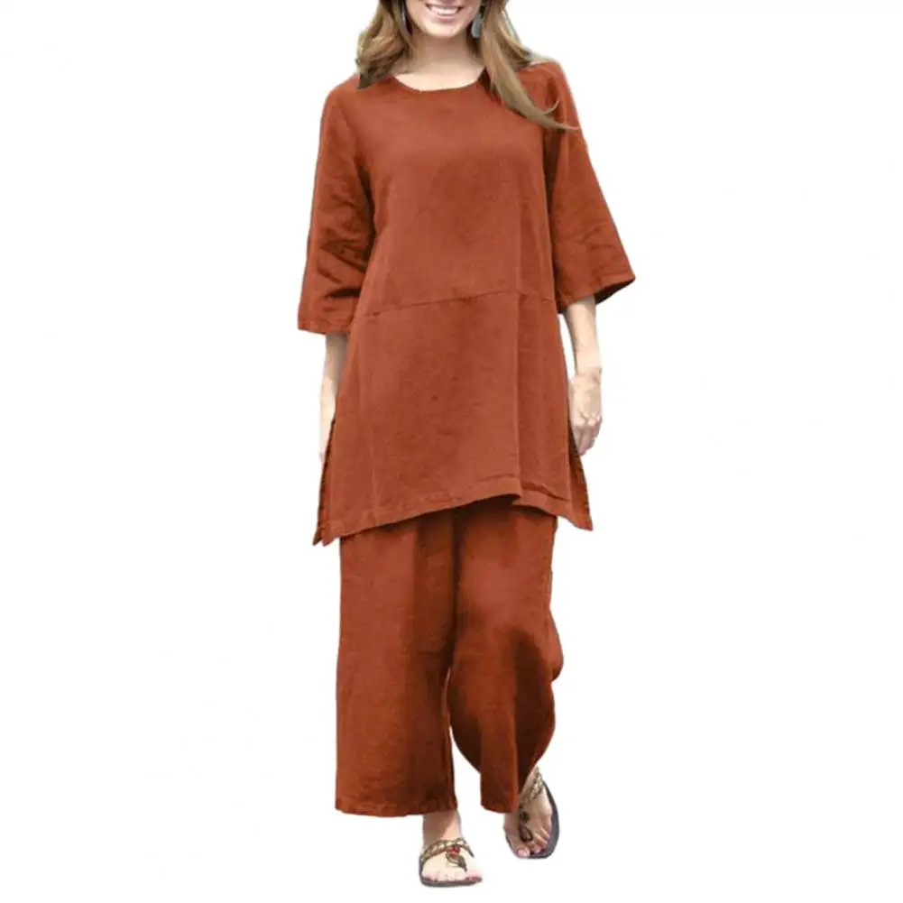 

Ladies Suit Vintage-inspired 2-piece Set Loose Round Neck Top Wide Leg Pants for Lady's Autumn/spring Outfit Soft Solid Color