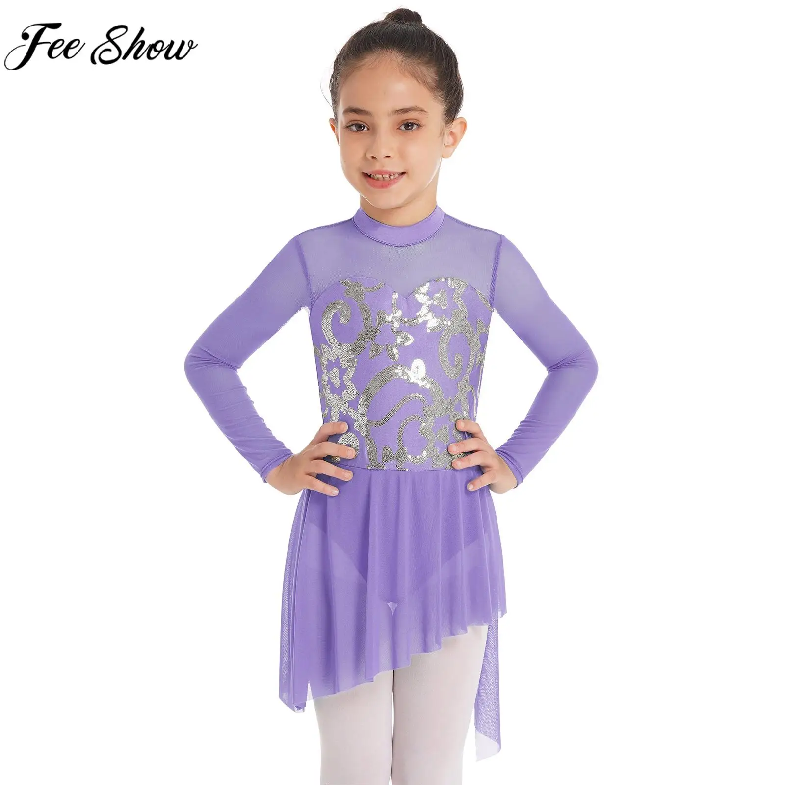 

Kids Girls Long Sleeve Sequin Ballet Lyrical Dance Dress Figure Skating Rhythmic Gymnastics Leotard Tutu Stage Show Dancewear