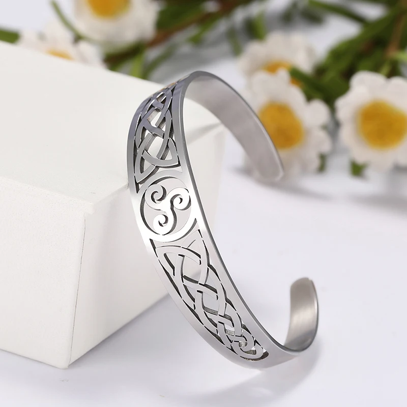 Kkjoy Bangles For Women Men Silver Color Stainless Steel Triquetra Triskele Opening Bracelet Simple Fashion Jewelry Accessories