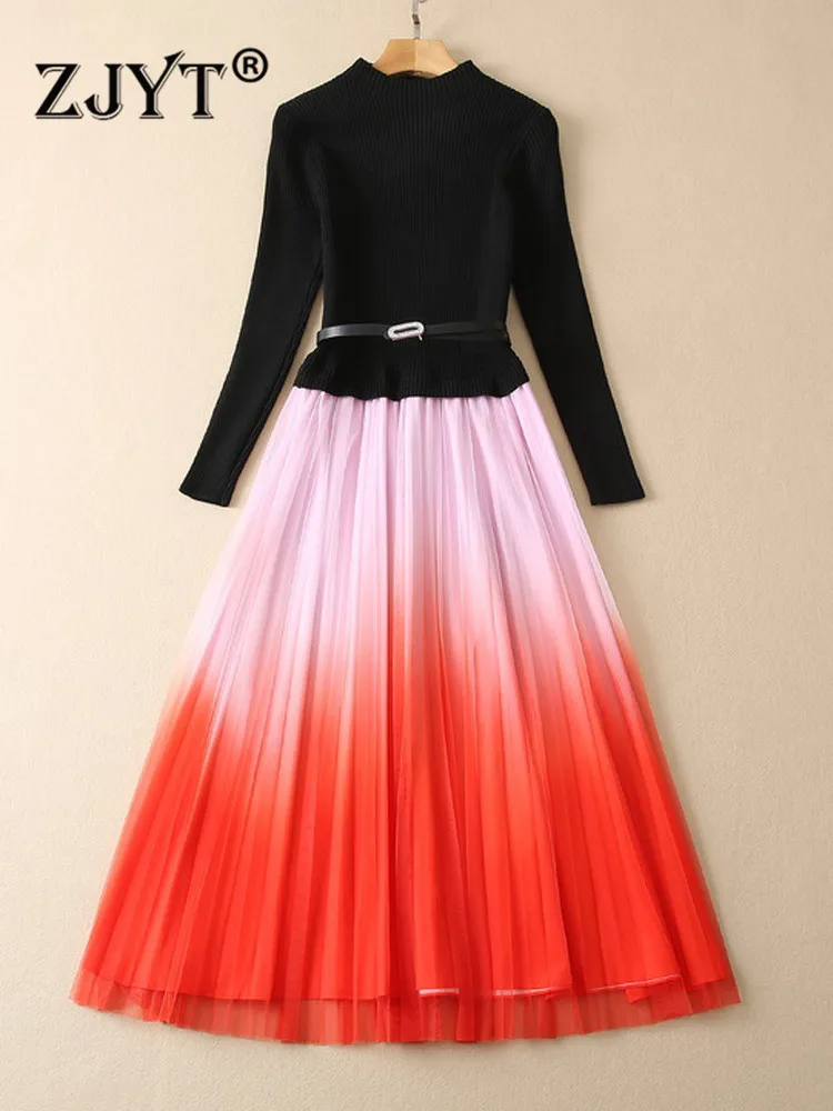 

ZJYT Elegant Gradient Gauze Patchwork Midi Knitted Sweater Dress for Women Fall Winter Clothes Long Sleeve Party Casual Vestidos
