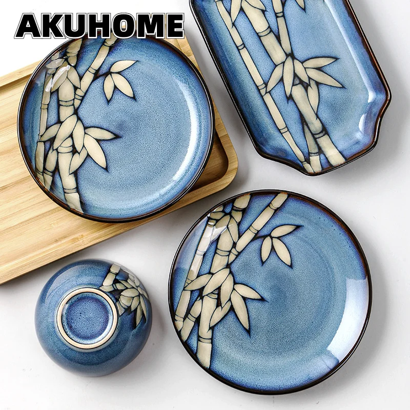

New Chinese Bamboo Series Ceramic Plate Set Dinner Plate Rice Bowl Combination Creative Household Personalized Dinner Plate