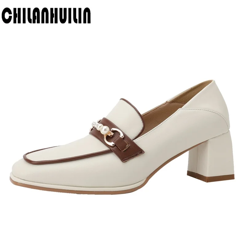 

Женские туфли-лодочки из натуральной кожи, на Высоком толстом каблуке