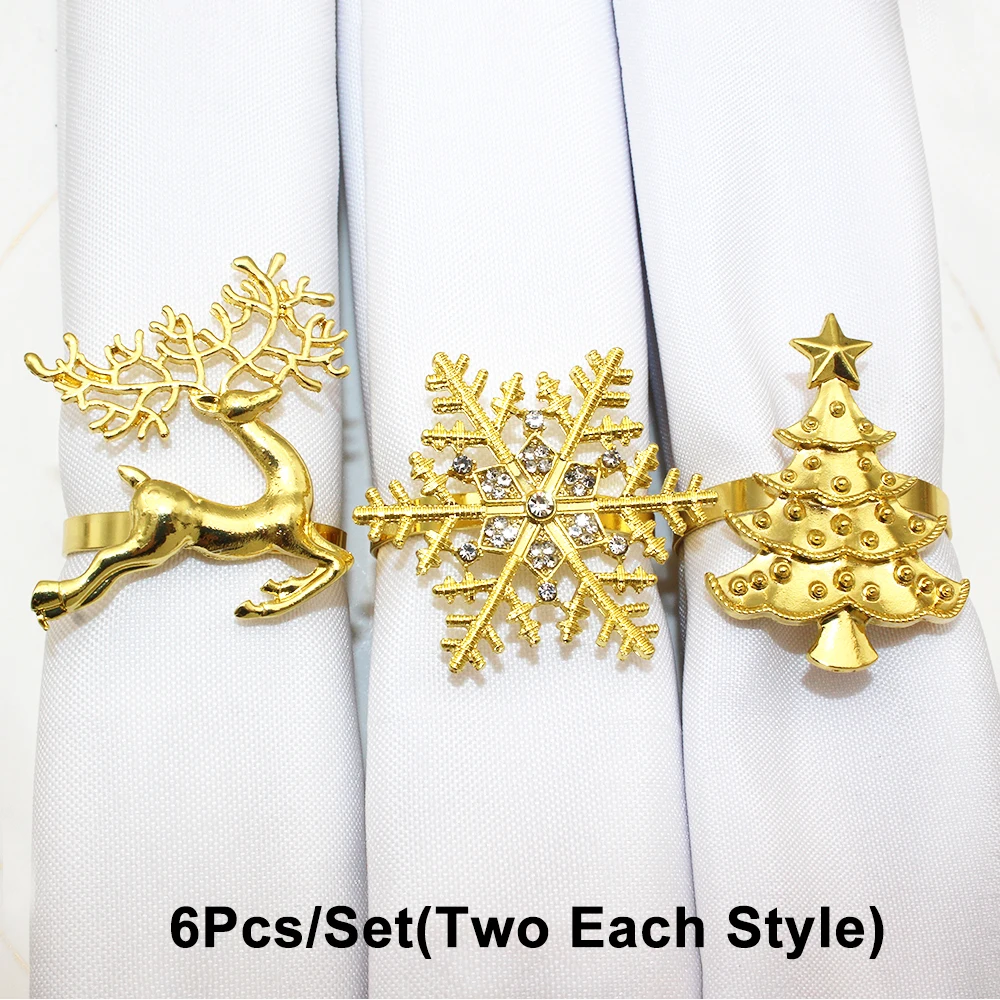 6 шт., набор золотых рождественских колец для салфеток, рождественская елка, хрустальная снежинка, лось, держатель для салфеток для рождественской свадьбы, вечеринки, обеденного стола, деко