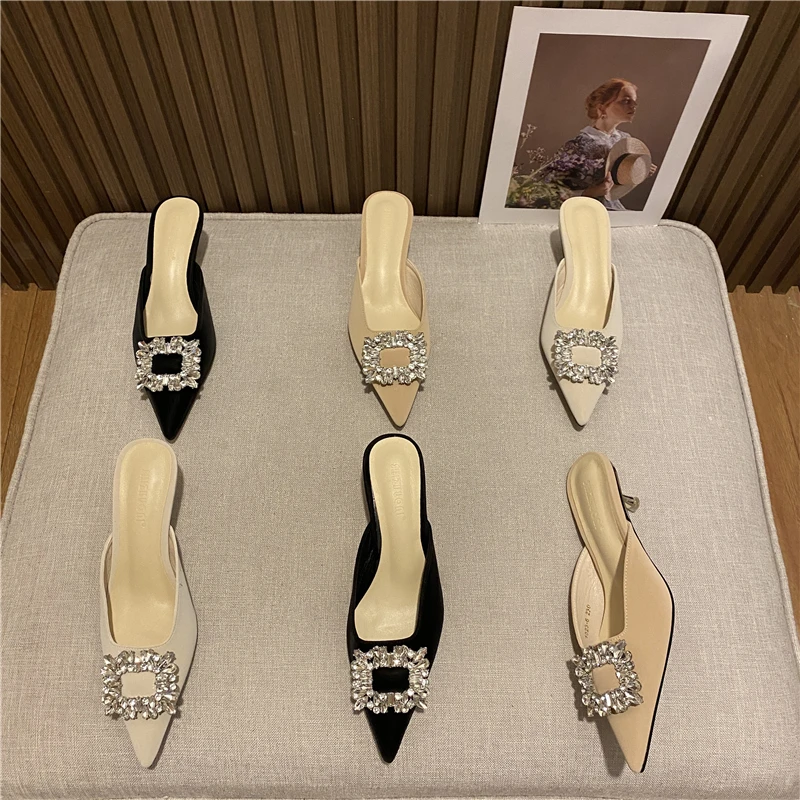 

2022 Spring New Half Slippers for Women's Outer Wear Temperament Pointed Rhinestone Square Buckle Thin Heel Toe Drag