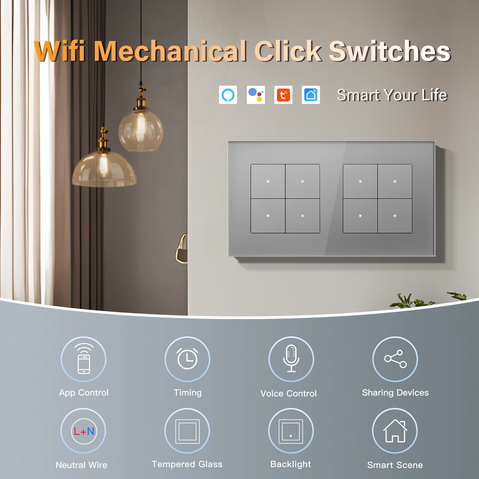 Фото BSEED WIFI Click Switches Series 1/2/3/4Gang Настенные умные выключатели света Желтая подсветка Стеклянная рамка для Tuya APP Стандарт ЕС №3