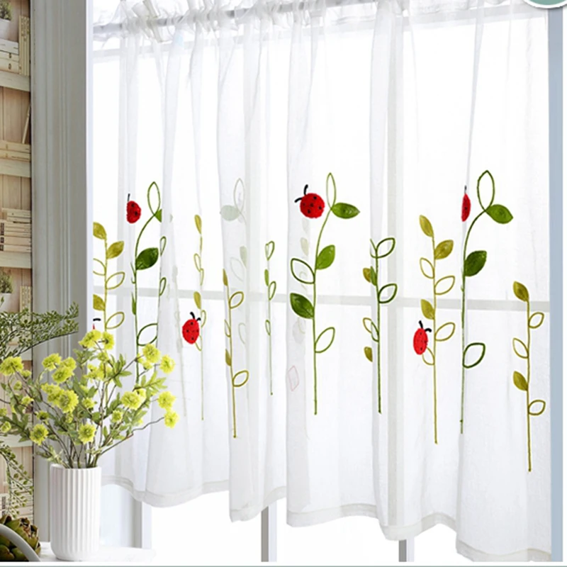 1 шт. короткие шторы с вышивкой божьей коровки полупрозрачные для половины кафе