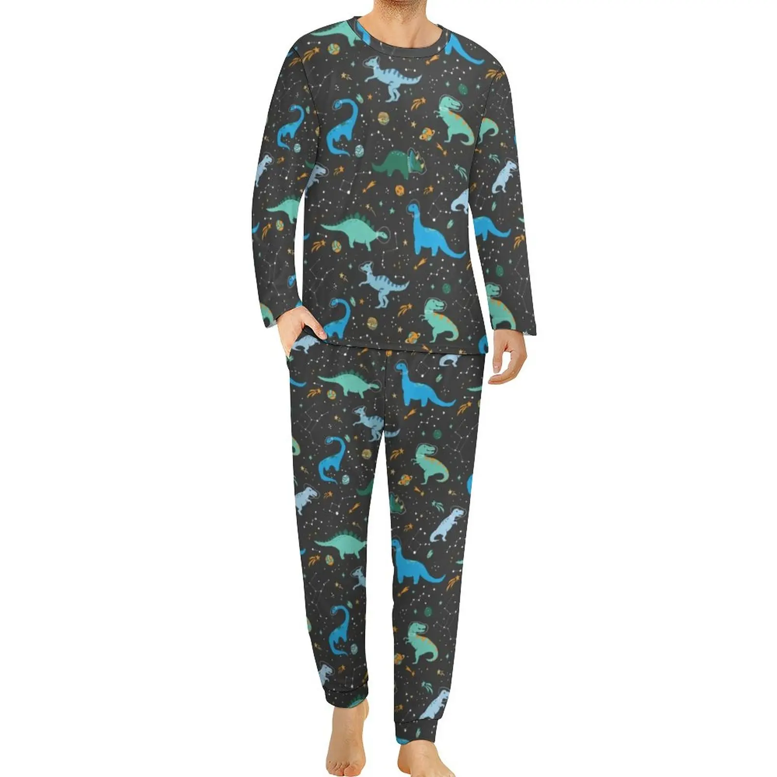 Space Dinosaur Pajamas Men Cute Animal Print Kawaii Sleepwear Daily Long Sleeve 2 Pieces Bedroom Pajama Sets Big Size 4XL 5XL
