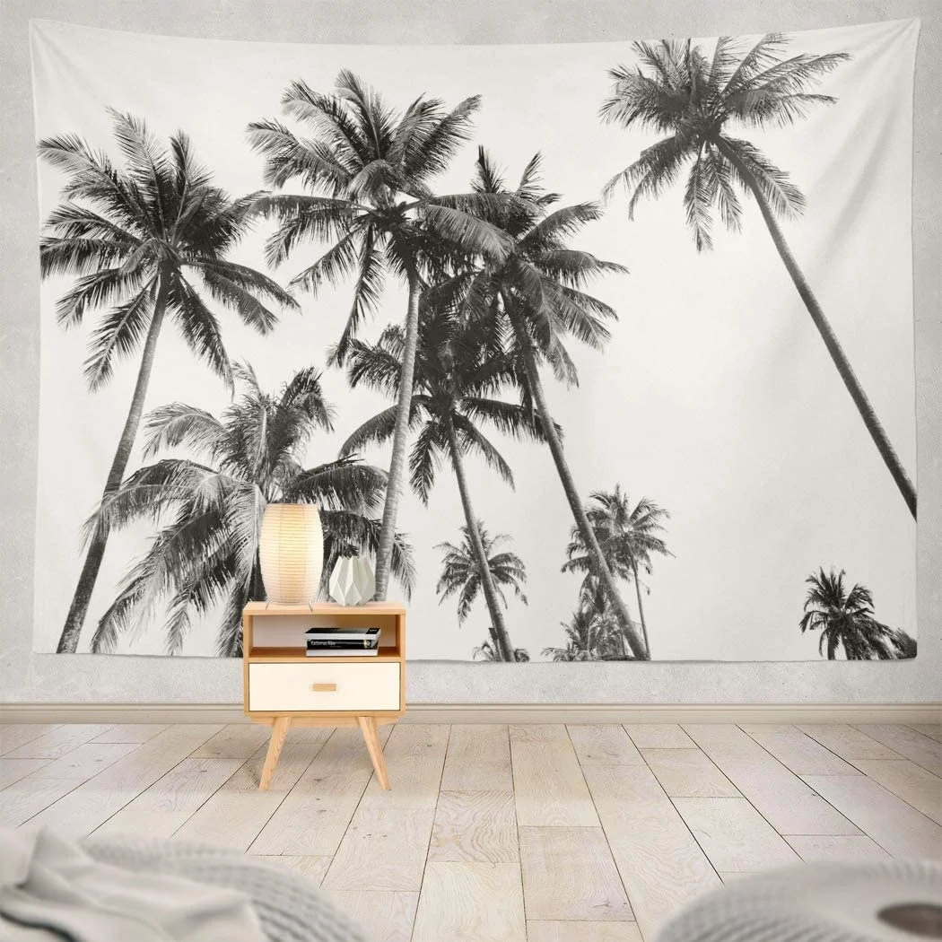 

New Ethnic Psychedelic Tapestry Wall Hanging Black And White Silhouettes Tropical Coconut Palm Trees White Palmliving 95x75cm