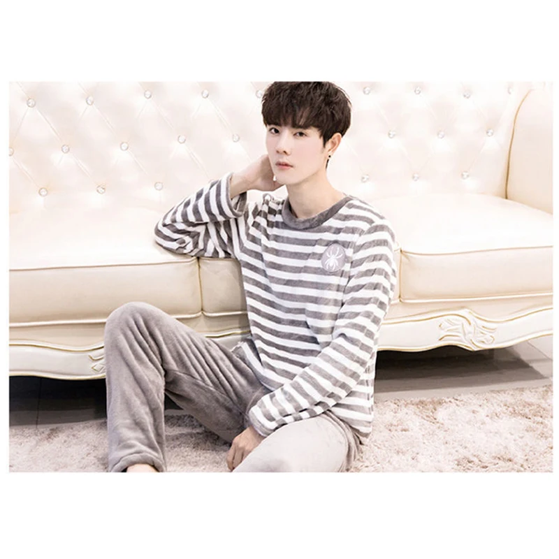 Men Fashion Autumn Winter Coral Fleece Pajamas Striped Sleepwear Set Warm Thicken Homewear Suit pyjamas men