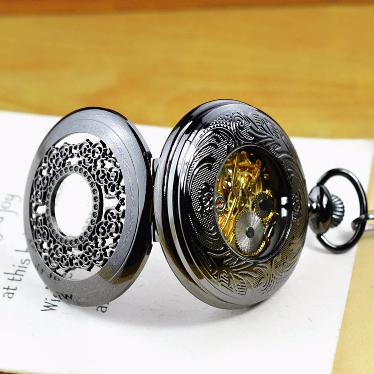 Luxury Mechanical Vintage Black Gold Flower Wave Pocket Watch for Men Women Skeleton Roman Numeral Dial Fob Chain Pendant Clock