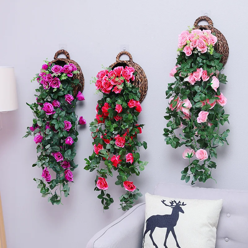 

Artificial Silk Rose Flower Ivy Decorative Fake Plastic Plant Hanging Rose Garland Wedding Home Wall Decoration Faux Plants Leaf