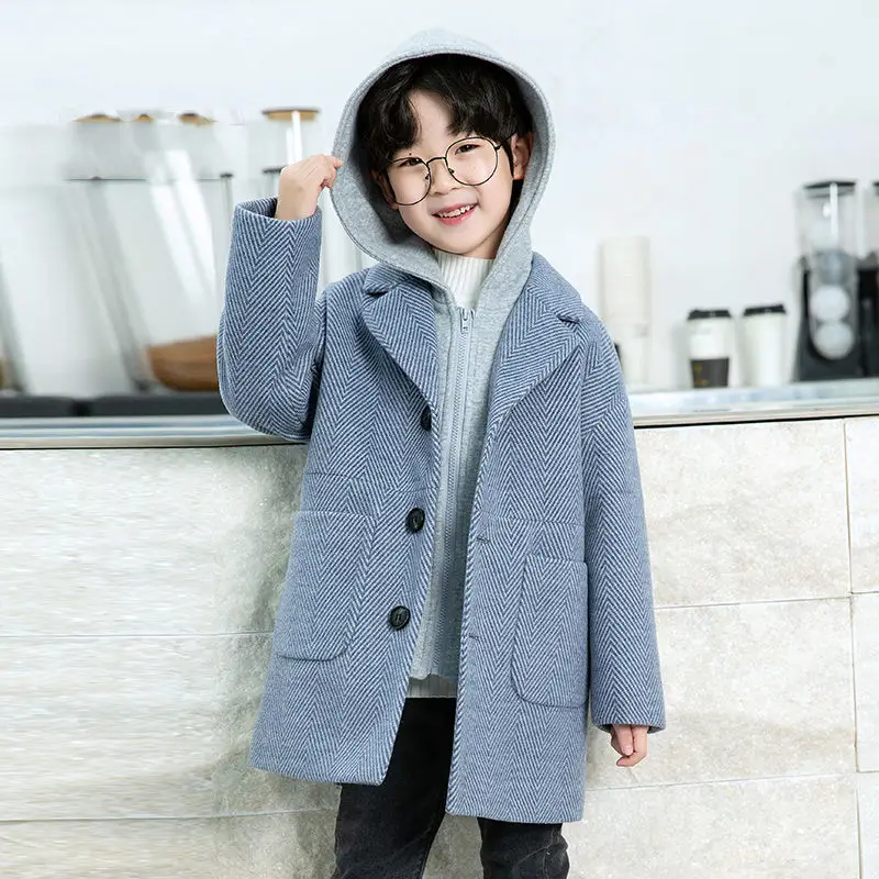 

Boys Woolen Coat For Autumn Winter Fashion Hooded Patchwork Plus Cotton Warm Single Breasted Kid Clothes Outerwear Wool & Blends