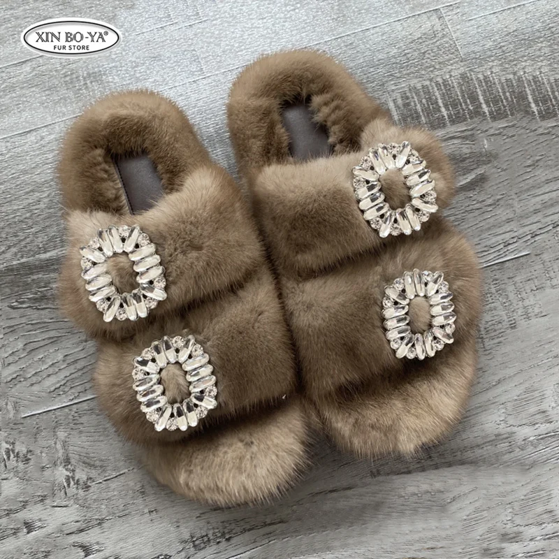 Тапки женские меховые натуральный мех сланцы плоская подошва Европейская