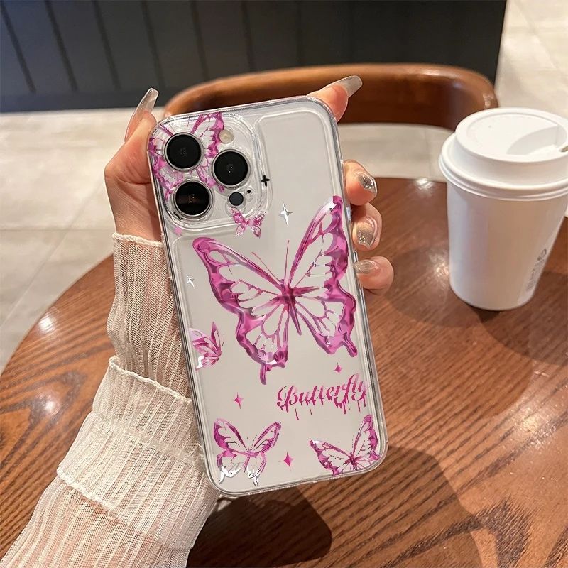 Фото Прозрачный противоударный чехол Y2K с блестками и бабочками для iPhone 17 Air, 16E, 16, 15, 14, 11 Pro Max Plus, 13, 12 Mini, 8, 7, X №1